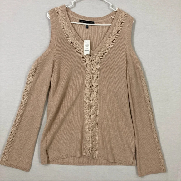 New White House Black Market Tan/Beige Cold Shoulder Soft Stretch Sweater XLP - Picture 1 of 9